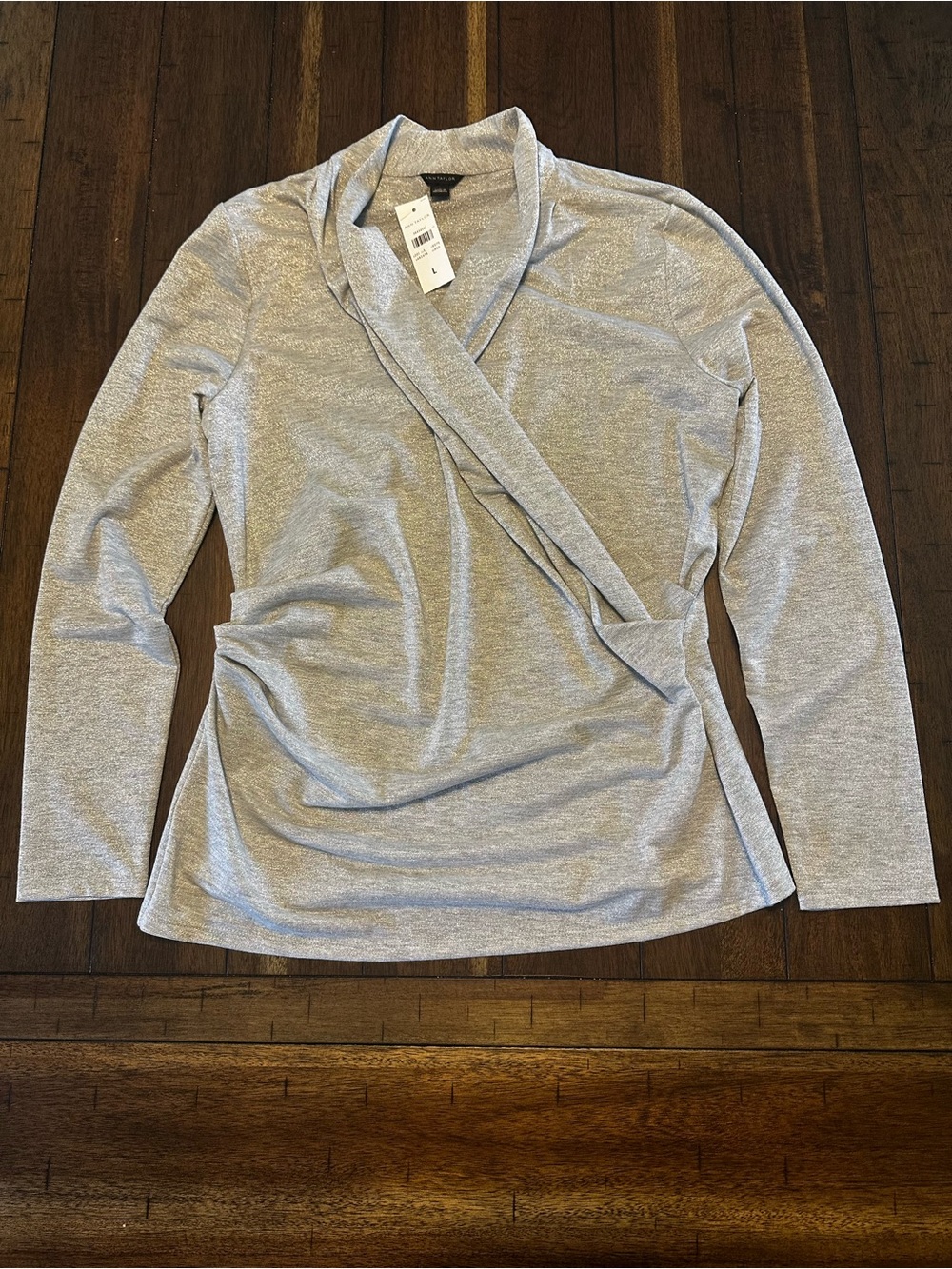 Ann Taylor Light Metallic Gray Wrap-Style Long Sleeve Top